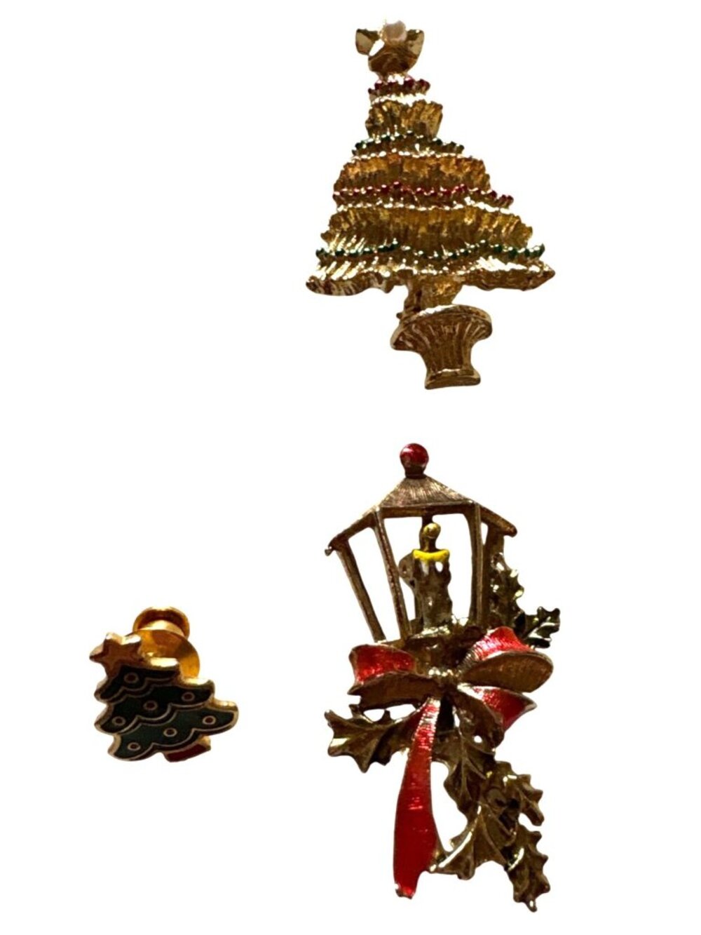 Set Of 3 Vintage-Inspired Christmas Brooch Pins Gold & Enamel Holiday-Themed